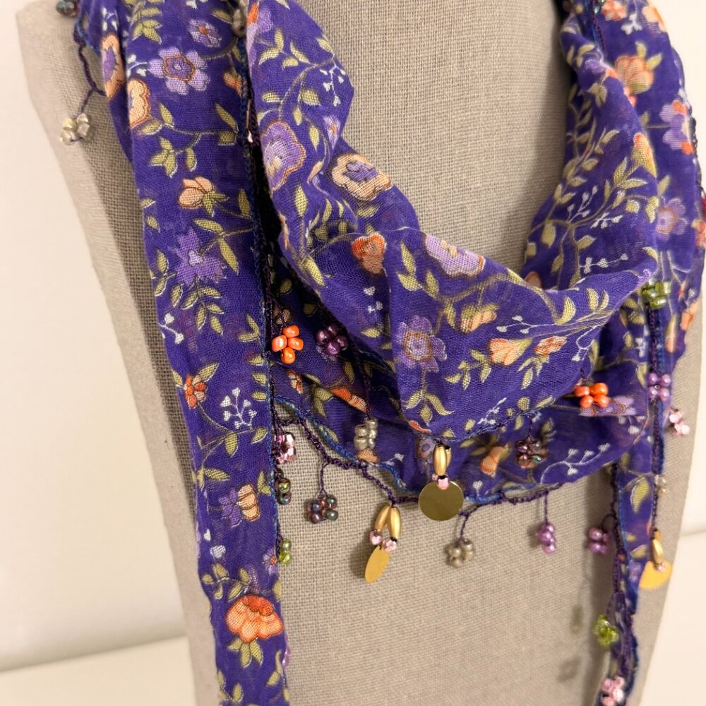 Traditional Turkish Oya Neck Violet  Scarf Bead & Needle Lace on Lawn Cotton - Picture 8 of 16